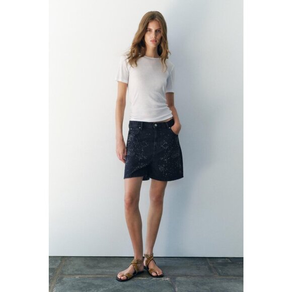 NWT Zara dark blue wash mid rise Bermuda relaxed fit denim shorts with sparkles - Picture 1 of 15